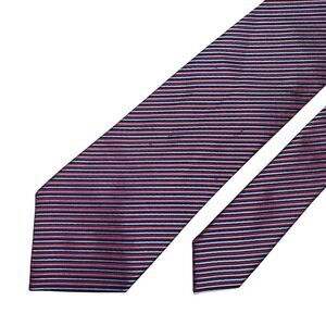 Charvet Tie 59x3.75 Silk Red Silver Blue Fine Stripe France FLAWS